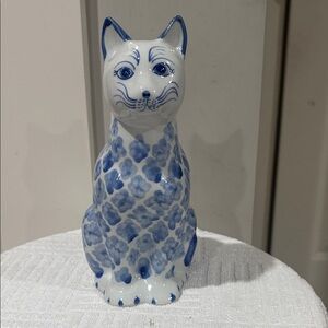 Blue and White Ceramic Cat Figurine